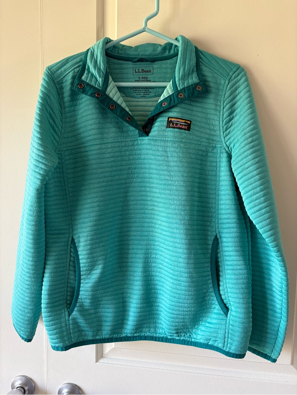 LL Bean Airlight Knit Pullover Teal Blue Snap Neck Fleece Jacket Womens Small